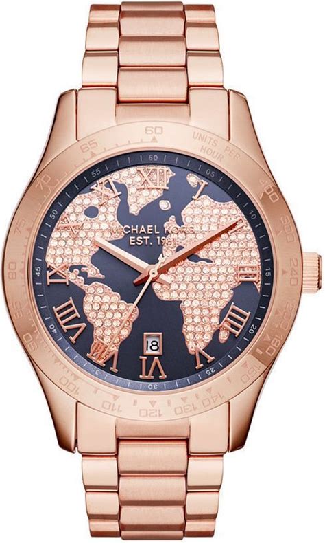 michael kors mk6395 layton damen 44mm 10atm goldmit dunklem zifferblatt|Michael Kors Layton Blue Globe Dial Ladies Watch MK6395.